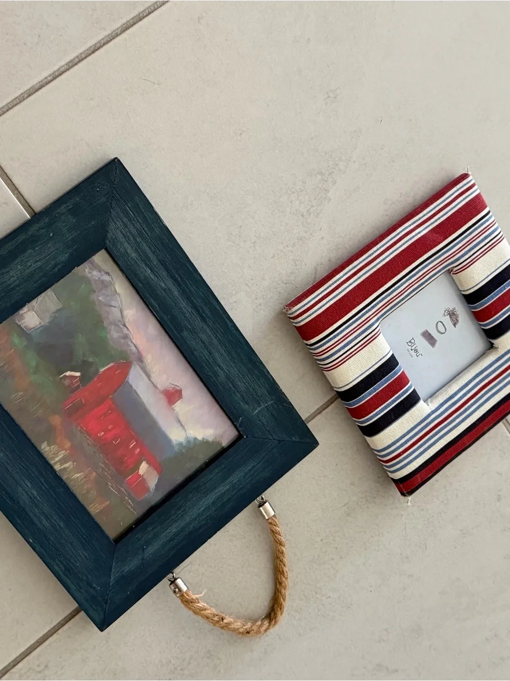 Vintage Framed Wall Art & Striped Fabric Photo Frame Set Coastal Cottage Decor